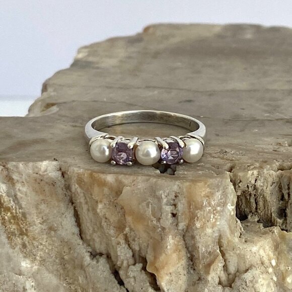 Sterling Silver 925 Multi Gemstone Round Amethyst Genuine Pearl Band Ring Sz 7 - Picture 12 of 16